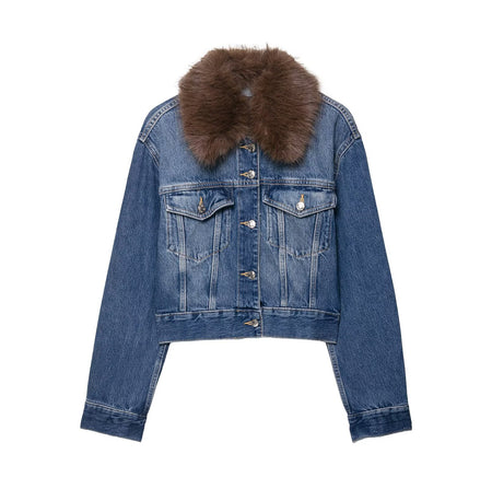 Despina Fur Denim Jacket - flat-lay product shot, blue denim - Miss Mosa By Akanksha