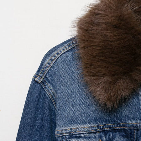 Despina Fur Denim Jacket - close-up of collar detail, blue denim - Miss Mosa By Akanksha