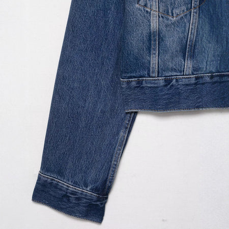 Despina Fur Denim Jacket - close-up of sleeve and hem detail, blue denim - Miss Mosa By Akanksha