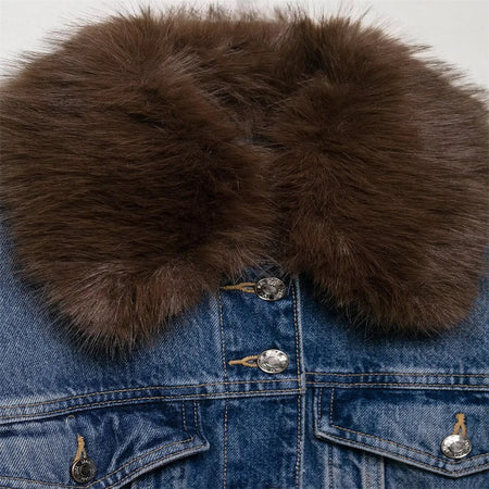 Despina Fur Denim Jacket - close-up of fur collar detail, blue denim - Miss Mosa By Akanksha