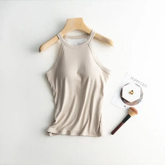 Dia Tank Tops with Inbuilt Bra - styled flat-lay shot, beige - Miss Mosa By Akanksha