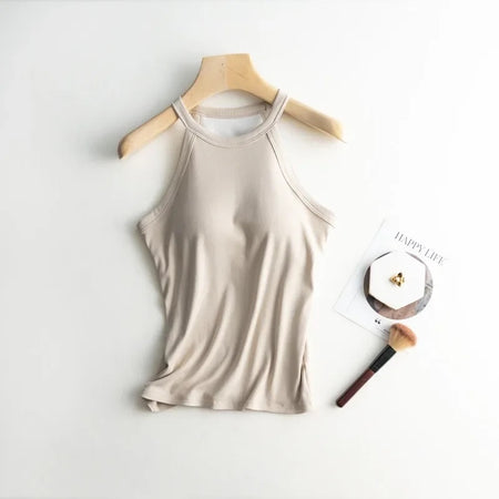 Dia Tank Tops with Inbuilt Bra - styled flat-lay shot, beige - Miss Mosa By Akanksha