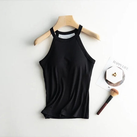 Dia Tank Tops with Inbuilt Bra - styled flat-lay shot, black - Miss Mosa By Akanksha