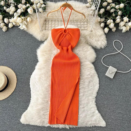 Diabella Halterneck Bodycon Dress - styled flat-lay shot, orange - Miss Mosa By Akanksha