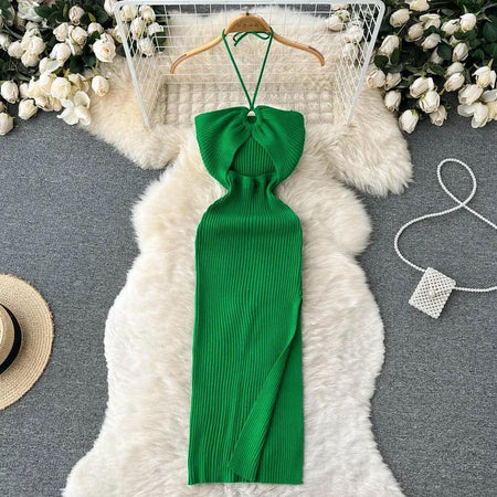 Diabella Halterneck Bodycon Dress - styled flat-lay shot, green - Miss Mosa By Akanksha