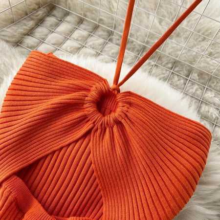 Diabella Halterneck Bodycon Dress - close-up of halterneck knit, orange - Miss Mosa By Akanksha