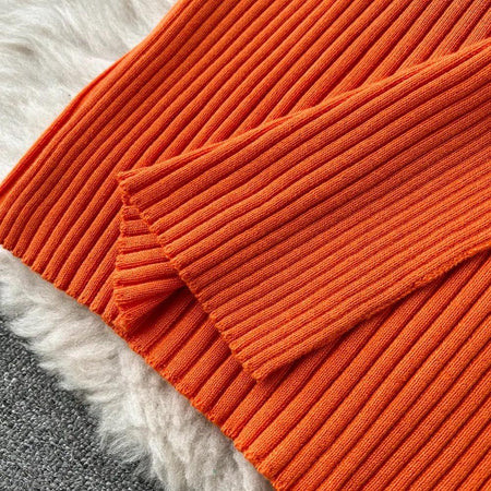 Diabella Halterneck Bodycon Dress - close-up of ribbed knit hem, orange - Miss Mosa By Akanksha
