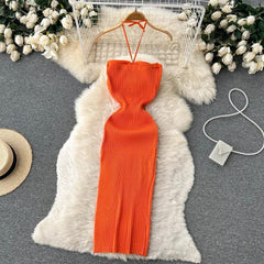 Diabella Halterneck Bodycon Dress - styled flat-lay shot, orange - Miss Mosa By Akanksha