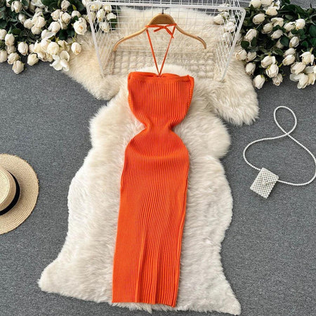 Diabella Halterneck Bodycon Dress - styled flat-lay shot, orange - Miss Mosa By Akanksha