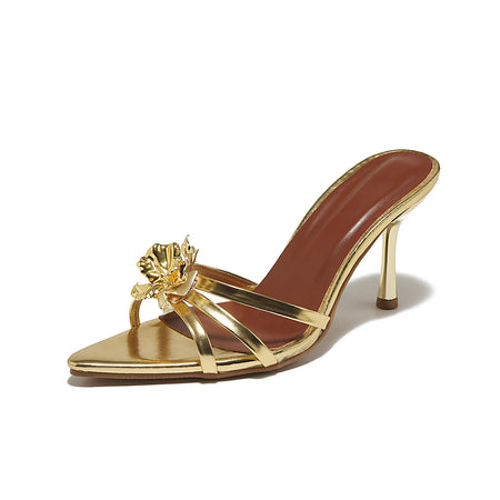 Diana Brooch Golden Heels - side shot, gold with brown insole - Miss Mosa By Akanksha