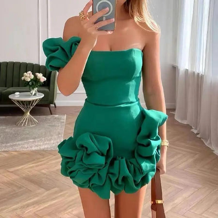 Diana One Shoulder Ruffled Dress In Green - front shot on model in mirror - Miss Mosa By Akanksha