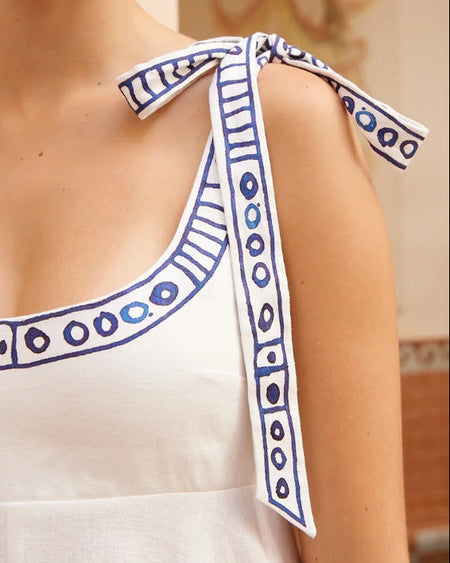 Diane Printed Midi Dress - shoulder tie detail shot, white with blue print - Miss Mosa By Akanksha