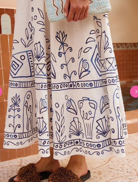 Diane Printed Midi Dress - skirt hem detail shot, white with blue print - Miss Mosa By Akanksha