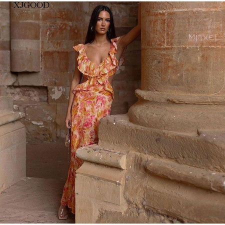 Diaz Floral Ruffled Maxi Dress In Rust - full-length shot on model, multicolour - Miss Mosa By Akanksha