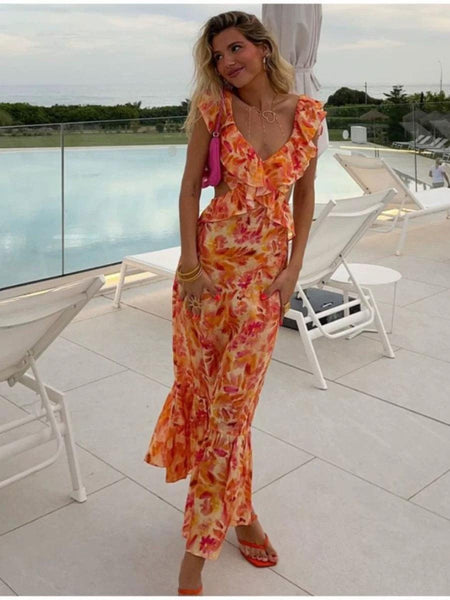 Diaz Floral Ruffled Maxi Dress In Rust - full-length shot on model, multicolour - Miss Mosa By Akanksha