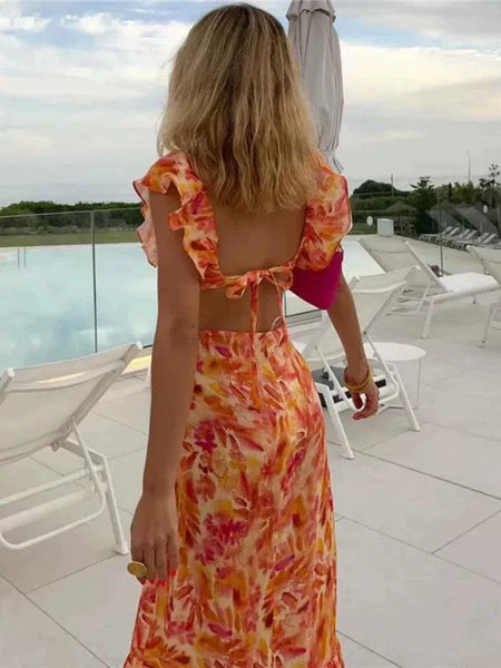 Diaz Floral Ruffled Maxi Dress In Rust - back shot on model, multicolour - Miss Mosa By Akanksha