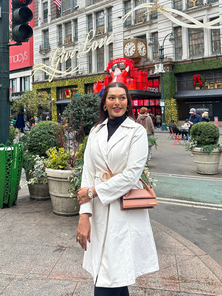 Dibella Luxury Trenchcoats In Beige - full-length shot on model - Miss Mosa By Akanksha