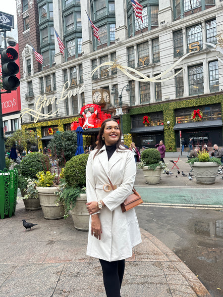 Dibella Luxury Trenchcoats In Beige - full-length shot on model - Miss Mosa By Akanksha