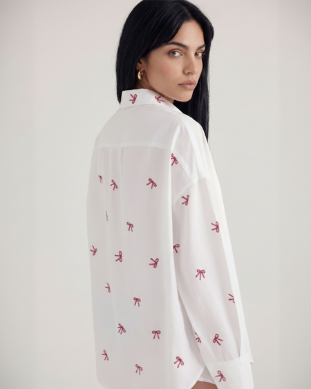 Diletta Bow Summer Shirt - sleeve detail shot, white - Miss Mosa By Akanksha