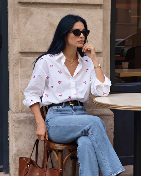 Diletta Bow Summer Shirt - styled shot, white - Miss Mosa By Akanksha