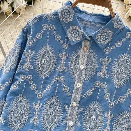 Dion Premium Embroidered Cotton Shirt In Blue - close-up of collar and embroidery detail - Miss Mosa By Akanksha