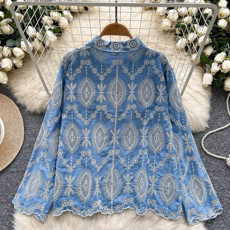 Dion Premium Embroidered Cotton Shirt In Blue - back flat-lay product shot on hanger - Miss Mosa By Akanksha