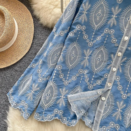 Dion Premium Embroidered Cotton Shirt In Blue - close-up of hem embroidery detail - Miss Mosa By Akanksha