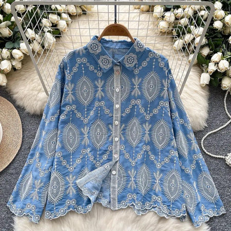 Dion Premium Embroidered Cotton Shirt In Blue - flat-lay product shot on hanger - Miss Mosa By Akanksha