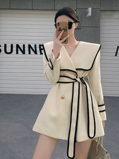 Disbo Oversized Woolen Overcoat - front shot on model mirror selfie, cream - Miss Mosa By Akanksha