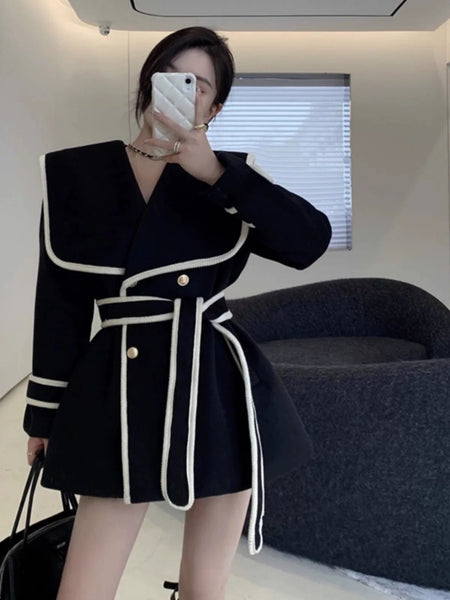 Disbo Oversized Woolen Overcoat - front shot on model mirror selfie, black - Miss Mosa By Akanksha