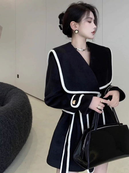 Disbo Oversized Woolen Overcoat - side shot on model, black - Miss Mosa By Akanksha