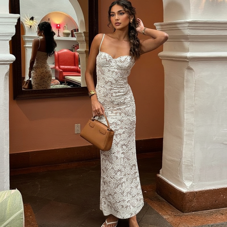 Diva Lace Bodycon Maxi Dress In White - back shot on model - Miss Mosa By Akanksha