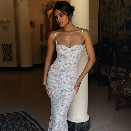 Diva Lace Bodycon Maxi Dress In White - front shot on model - Miss Mosa By Akanksha