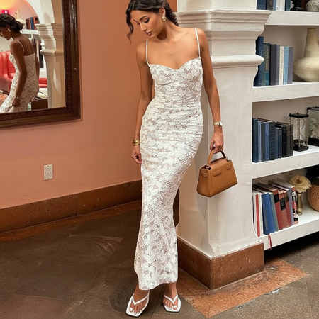 Diva Lace Bodycon Maxi Dress In White - front shot on model - Miss Mosa By Akanksha