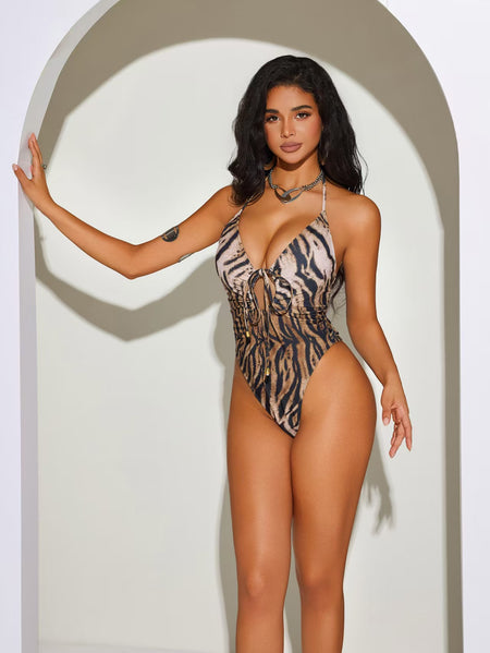 Diya One Piece Printed Swimsuit - front shot, brown and black tiger print - Miss Mosa By Akanksha