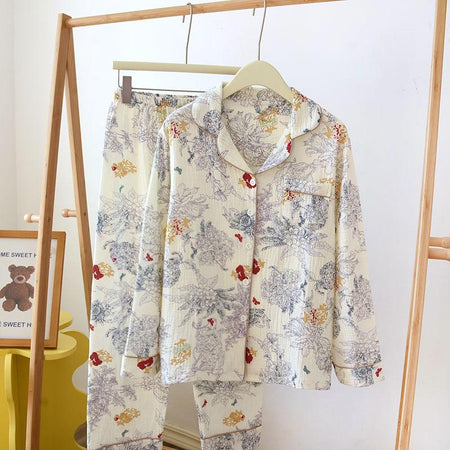 Dolcay Floral Cotton Nightsuit In Off-White - product shot on hanger - Miss Mosa By Akanksha