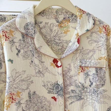 Dolcay Floral Cotton Nightsuit In Off-White - close-up of collar detail - Miss Mosa By Akanksha