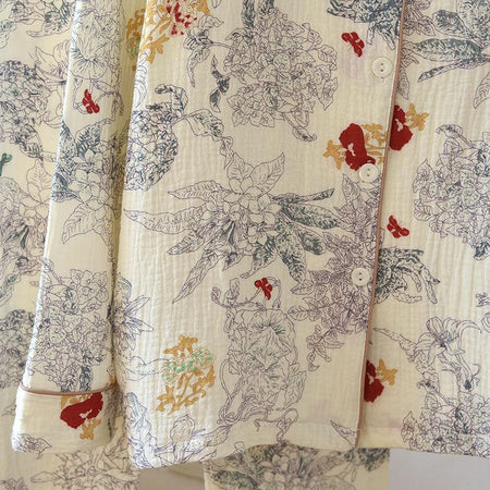 Dolcay Floral Cotton Nightsuit In Off-White - close-up of fabric detail - Miss Mosa By Akanksha