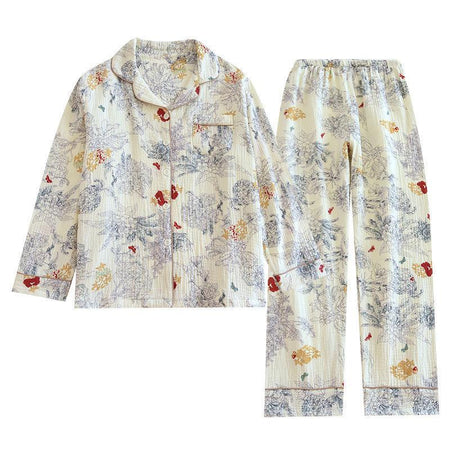 Dolcay Floral Cotton Nightsuit In Off-White - flat-lay product shot of top and trousers - Miss Mosa By Akanksha