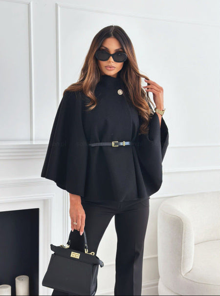 Donatella Winter Cape With Belt In Black - front shot on model - Miss Mosa By Akanksha