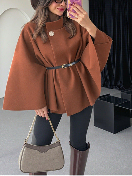 Donatella Winter Cape With Belt In Brown - front mirror selfie shot on model - Miss Mosa By Akanksha