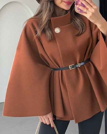 Donatella Winter Cape With Belt In Brown - close-up front shot on model - Miss Mosa By Akanksha