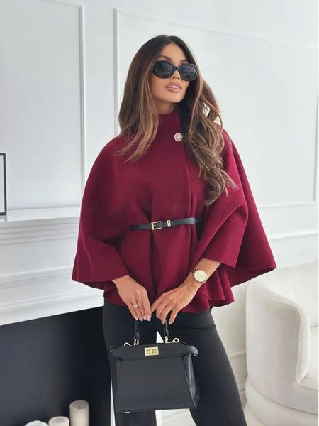 Donatella Winter Cape With Belt In Maroon - front shot on model - Miss Mosa By Akanksha