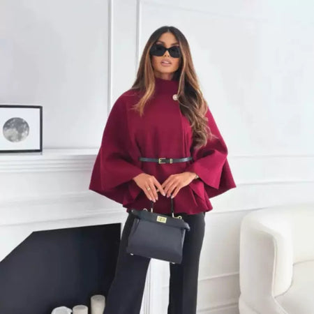Donatella Winter Cape With Belt In Maroon - front shot on model - Miss Mosa By Akanksha