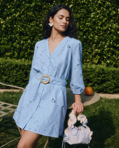 Donella Eyelet Mini Dress With Belt - front three-quarter shot, light blue - Miss Mosa By Akanksha