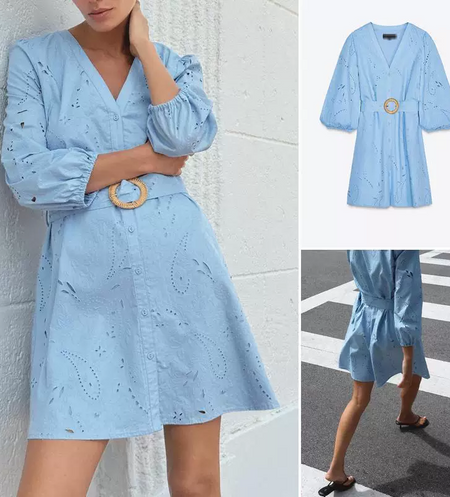 Donella Eyelet Mini Dress With Belt - front and detail composite shot, light blue - Miss Mosa By Akanksha
