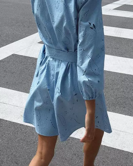 Donella Eyelet Mini Dress With Belt - back shot, light blue - Miss Mosa By Akanksha