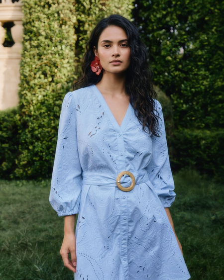 Donella Eyelet Mini Dress With Belt - front close-up shot, light blue - Miss Mosa By Akanksha