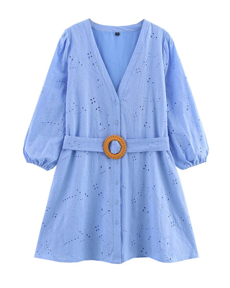 Donella Eyelet Mini Dress With Belt - flat-lay front shot, light blue - Miss Mosa By Akanksha
