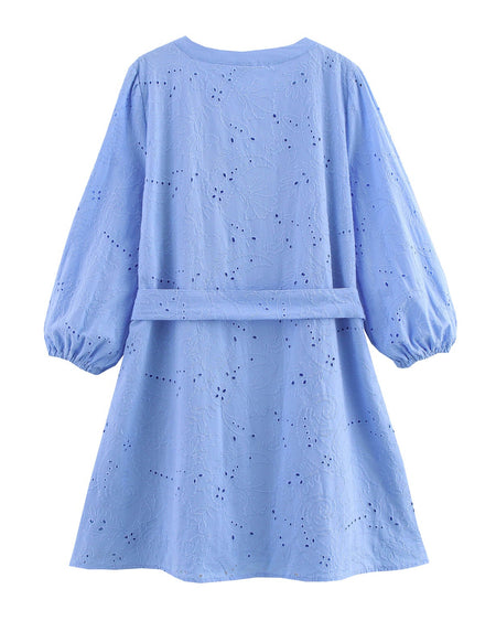 Donella Eyelet Mini Dress With Belt - flat-lay back shot, light blue - Miss Mosa By Akanksha